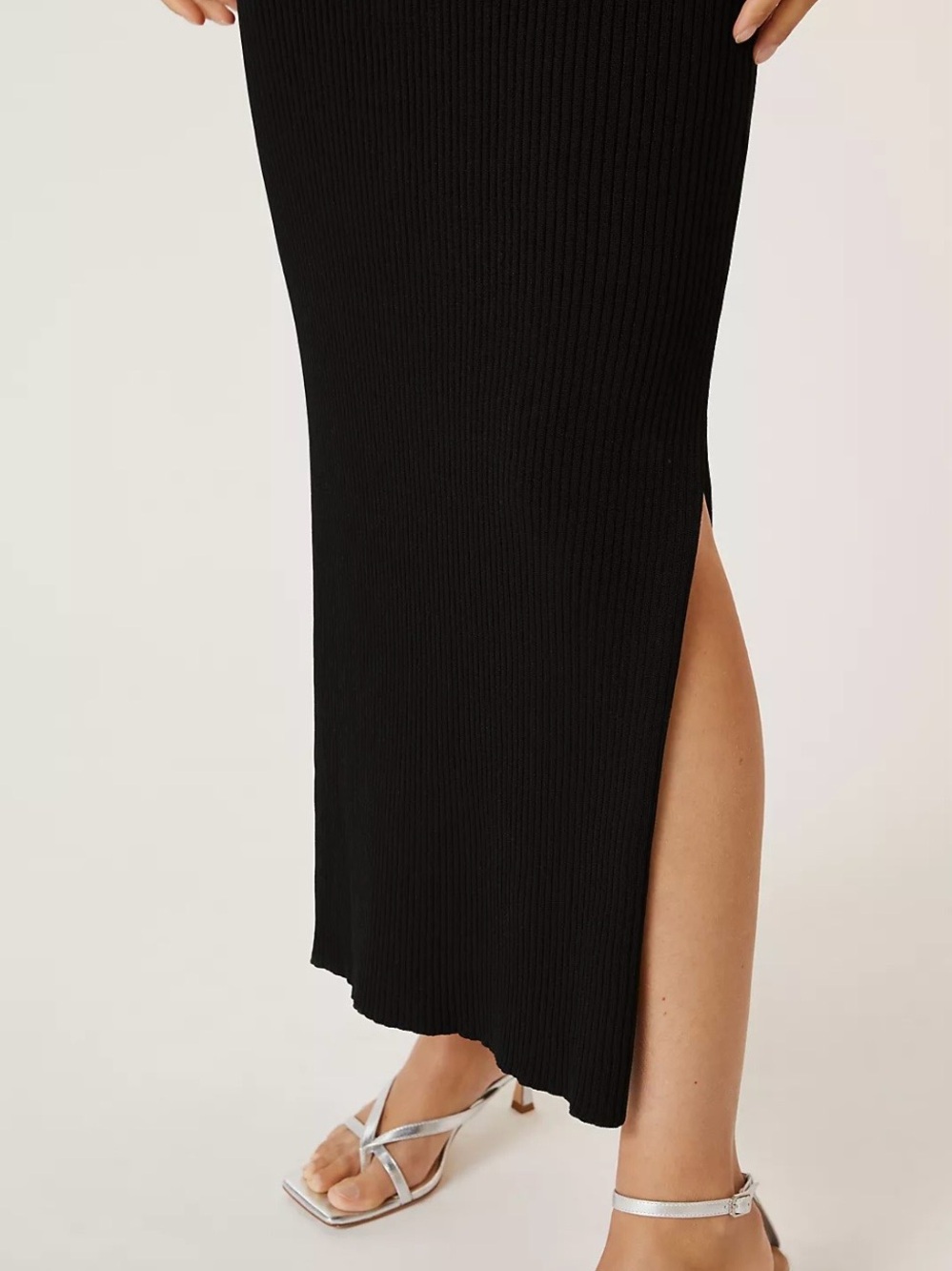 Anthropologie Black Ribbed Midi Skirt with Side Slit - Classic Black